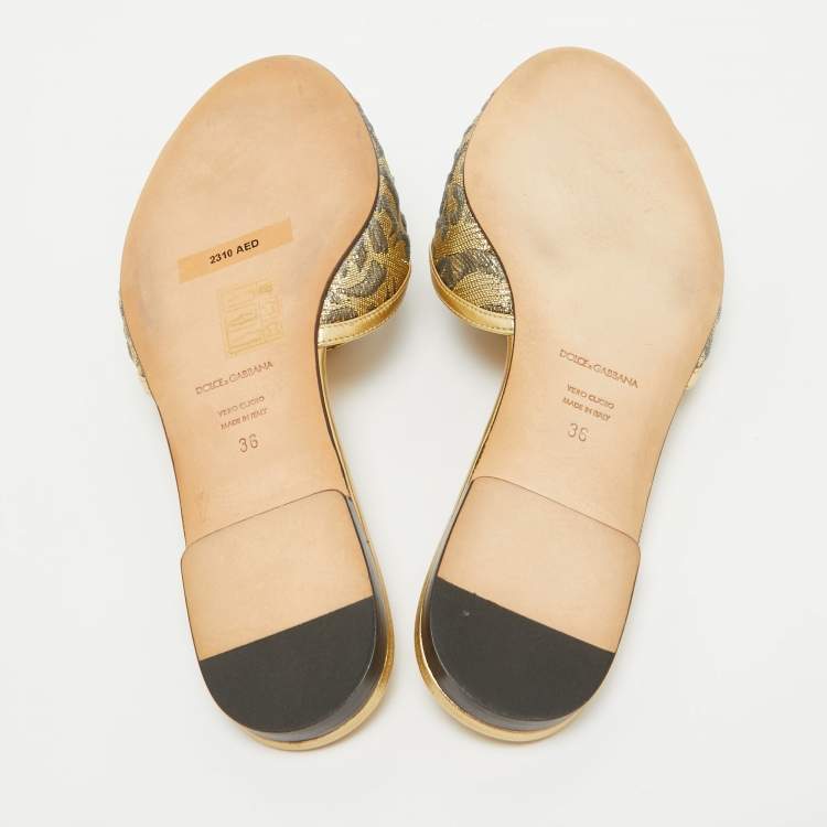 Pre Owned Dolce & Gabbana Gold Brocade Fabric and Leather Crystal Embellished Flat Slides Size 36