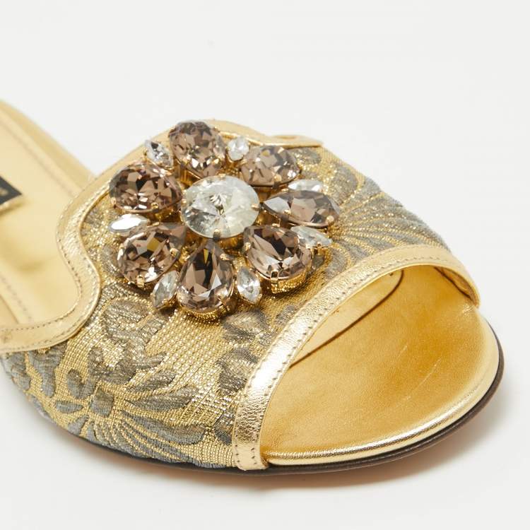 Pre Owned Dolce & Gabbana Gold Brocade Fabric and Leather Crystal Embellished Flat Slides Size 36