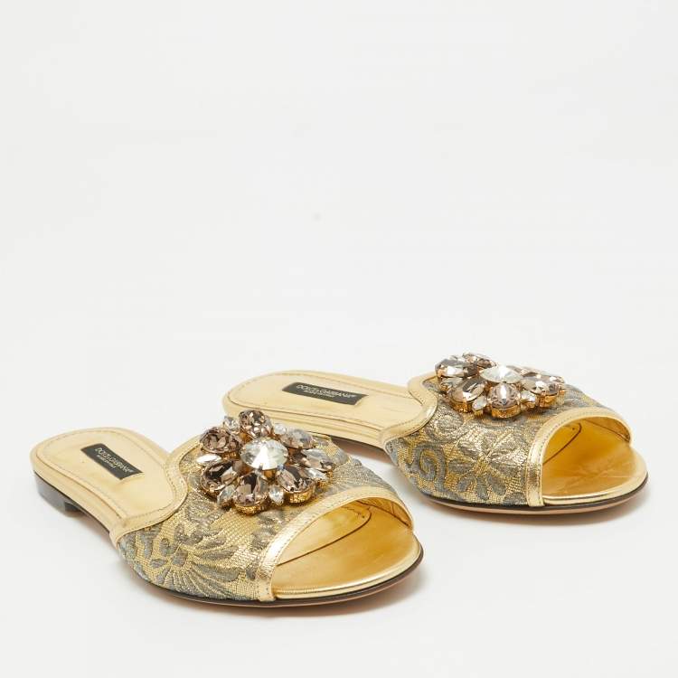 Pre Owned Dolce & Gabbana Gold Brocade Fabric and Leather Crystal Embellished Flat Slides Size 36