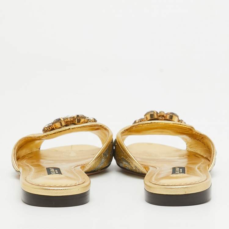Pre Owned Dolce & Gabbana Gold Brocade Fabric and Leather Crystal Embellished Flat Slides Size 36