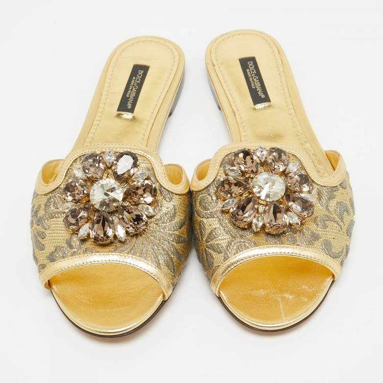 Pre Owned Dolce & Gabbana Gold Brocade Fabric and Leather Crystal Embellished Flat Slides Size 36