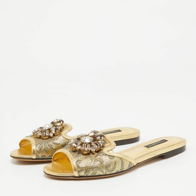 Pre Owned Dolce & Gabbana Gold Brocade Fabric and Leather Crystal Embellished Flat Slides Size 36