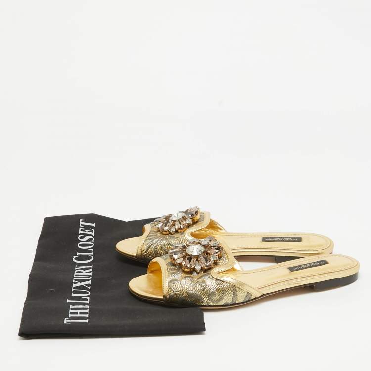 Pre Owned Dolce & Gabbana Gold Brocade Fabric and Leather Crystal Embellished Flat Slides Size 36