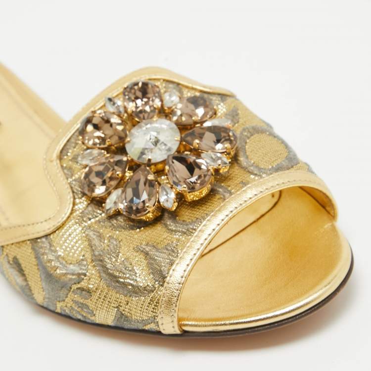 مملوكة مسبقًا Dolce & Gabbana Gold Brocade Fabric Sofia Crystal Embellished Slides Size 38