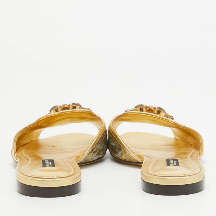 مملوكة مسبقًا Dolce & Gabbana Gold Brocade Fabric Sofia Crystal Embellished Slides Size 38