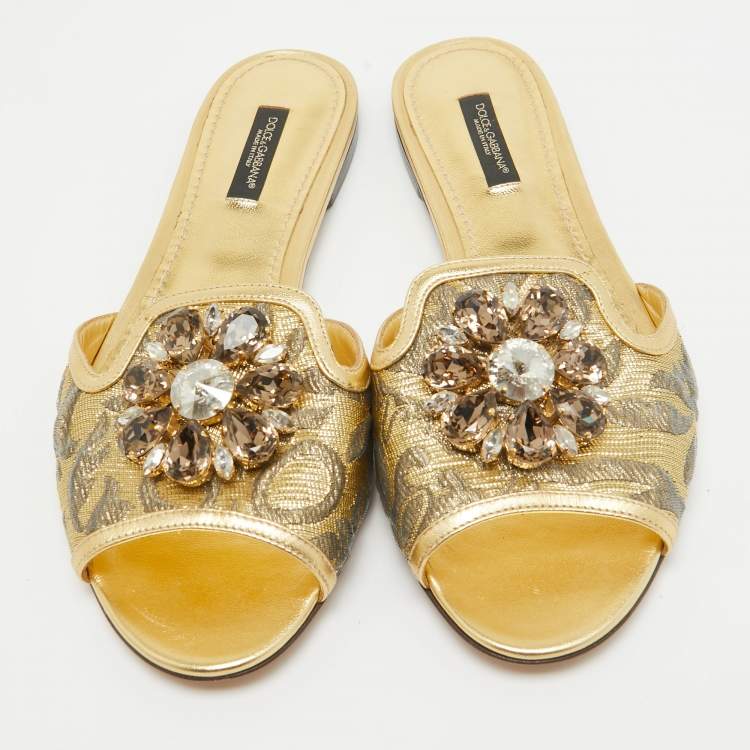 مملوكة مسبقًا Dolce & Gabbana Gold Brocade Fabric Sofia Crystal Embellished Slides Size 38