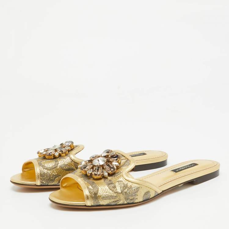 مملوكة مسبقًا Dolce & Gabbana Gold Brocade Fabric Sofia Crystal Embellished Slides Size 38