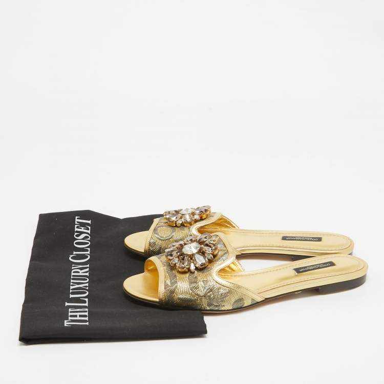 مملوكة مسبقًا Dolce & Gabbana Gold Brocade Fabric Sofia Crystal Embellished Slides Size 38