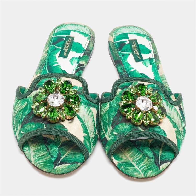 مملوكة مسبقًا Dolce & Gabbana Green/White Floral Print Fabric Bianca Flat Slides Size 39.5