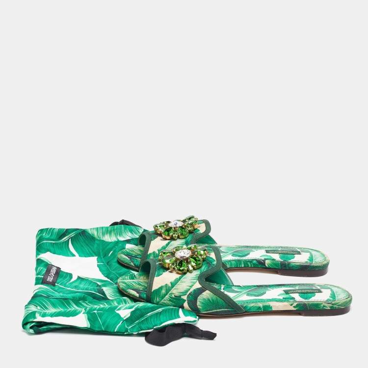 مملوكة مسبقًا Dolce & Gabbana Green/White Floral Print Fabric Bianca Flat Slides Size 39.5
