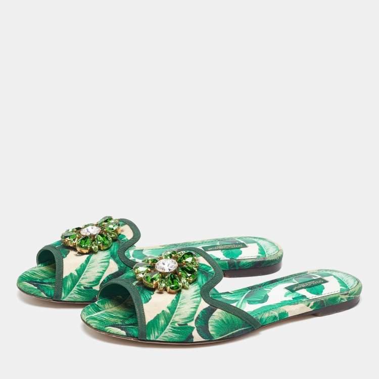 مملوكة مسبقًا Dolce & Gabbana Green/White Floral Print Fabric Bianca Flat Slides Size 39.5