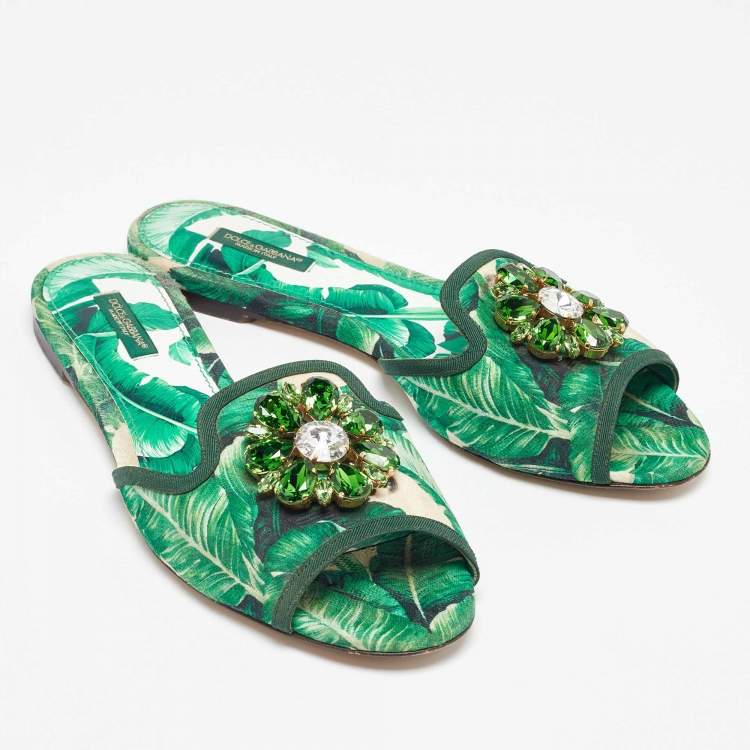 مملوكة مسبقًا Dolce & Gabbana Green/White Floral Print Fabric Bianca Flat Slides Size 39.5