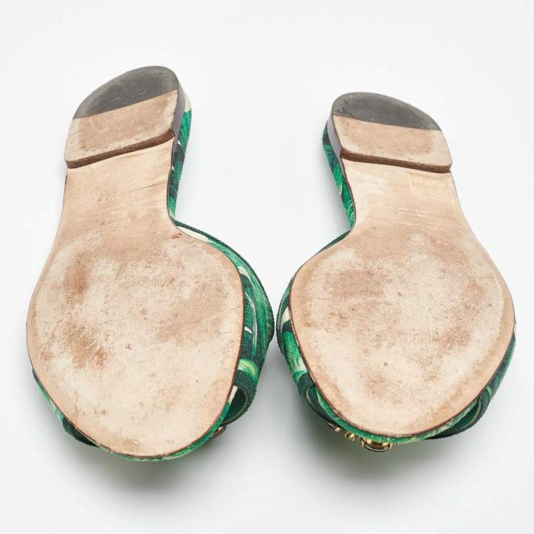 مملوكة مسبقًا Dolce & Gabbana Green/White Floral Print Fabric Bianca Flat Slides Size 39.5