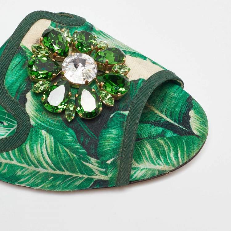 مملوكة مسبقًا Dolce & Gabbana Green/White Floral Print Fabric Bianca Flat Slides Size 39.5