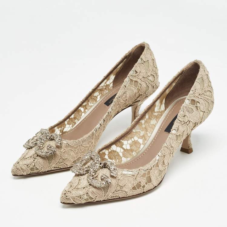مملوكة مسبقًا Dolce & Gabbana Beige Lace DG Amore Crystal Embellished Pointed Toe Pumps Size 36