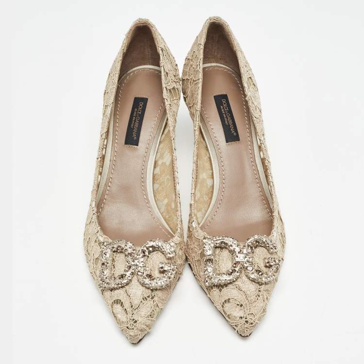 مملوكة مسبقًا Dolce & Gabbana Beige Lace DG Amore Crystal Embellished Pointed Toe Pumps Size 36