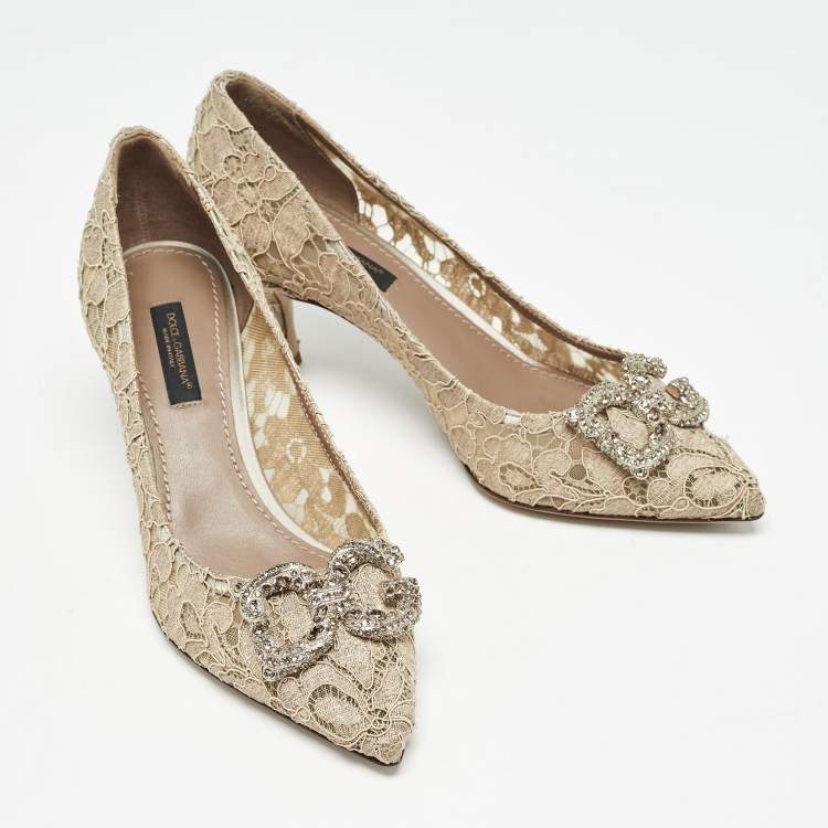 مملوكة مسبقًا Dolce & Gabbana Beige Lace DG Amore Crystal Embellished Pointed Toe Pumps Size 36