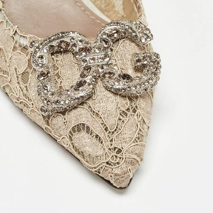 مملوكة مسبقًا Dolce & Gabbana Beige Lace DG Amore Crystal Embellished Pointed Toe Pumps Size 36