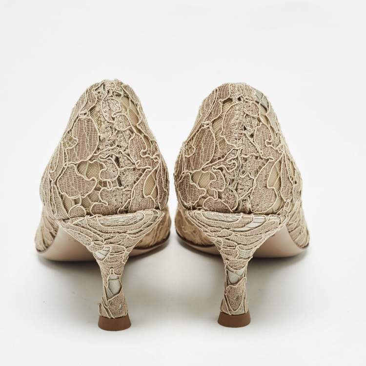 مملوكة مسبقًا Dolce & Gabbana Beige Lace DG Amore Crystal Embellished Pointed Toe Pumps Size 36