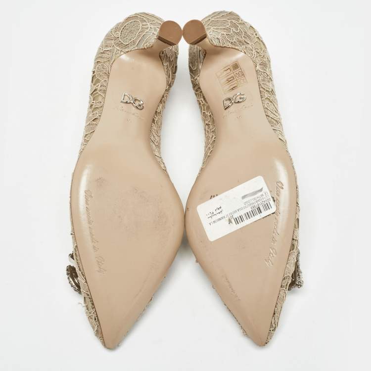 مملوكة مسبقًا Dolce & Gabbana Beige Lace DG Amore Crystal Embellished Pointed Toe Pumps Size 36