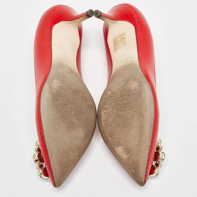 Pre Owned Dolce & Gabbana Red Lizard Embossed Leather Crystal Embellished Pumps Size 36.5