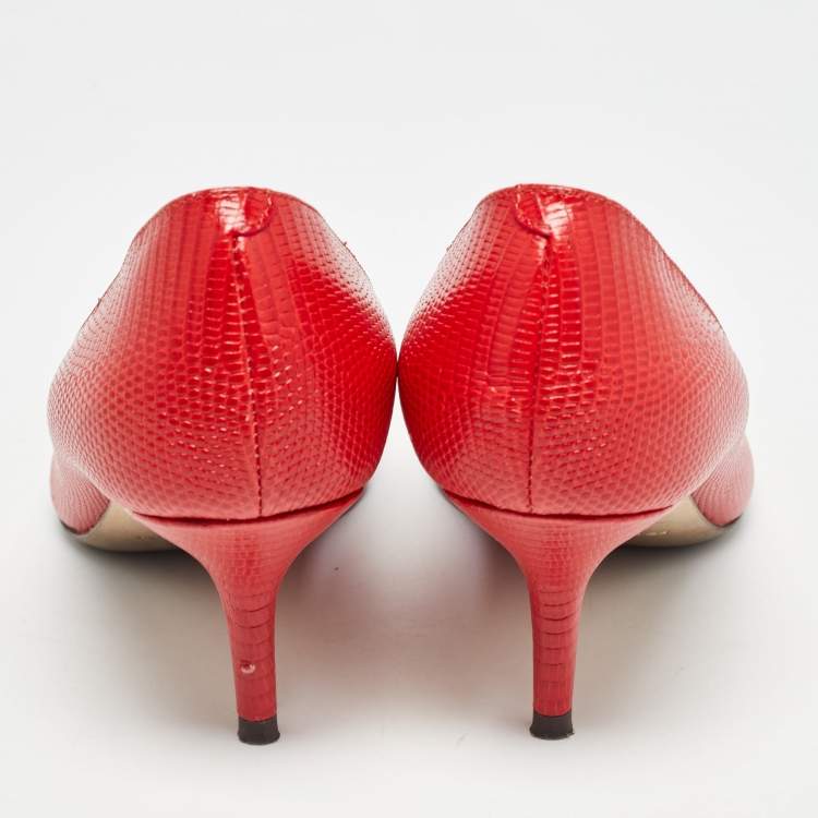 Pre Owned Dolce & Gabbana Red Lizard Embossed Leather Crystal Embellished Pumps Size 36.5