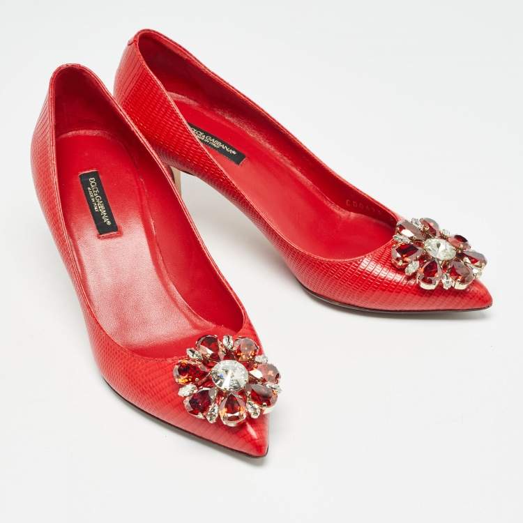 Pre Owned Dolce & Gabbana Red Lizard Embossed Leather Crystal Embellished Pumps Size 36.5