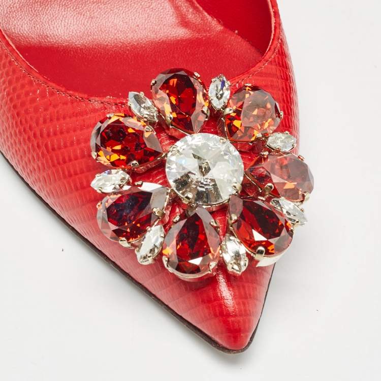Pre Owned Dolce & Gabbana Red Lizard Embossed Leather Crystal Embellished Pumps Size 36.5