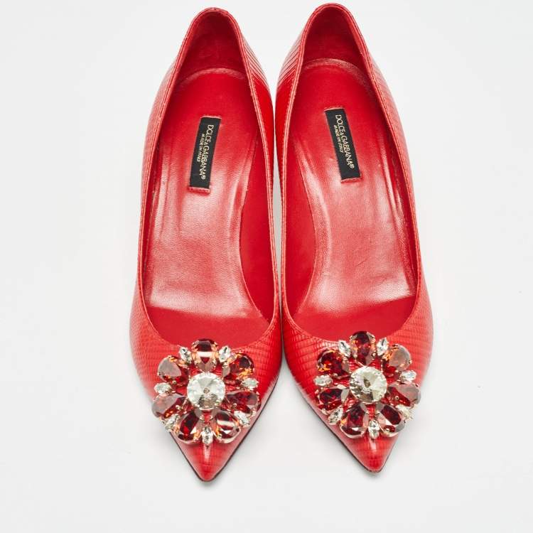 Pre Owned Dolce & Gabbana Red Lizard Embossed Leather Crystal Embellished Pumps Size 36.5