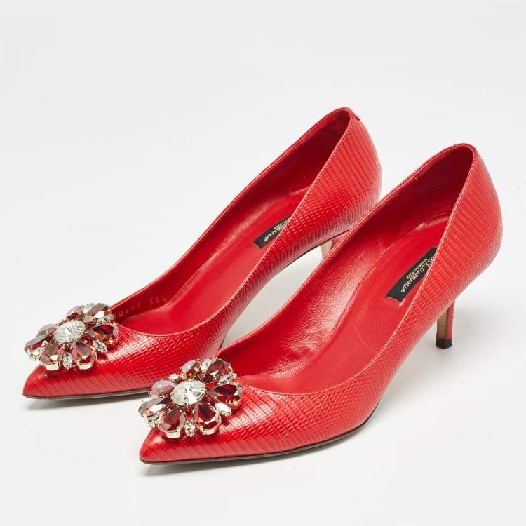 Pre Owned Dolce & Gabbana Red Lizard Embossed Leather Crystal Embellished Pumps Size 36.5