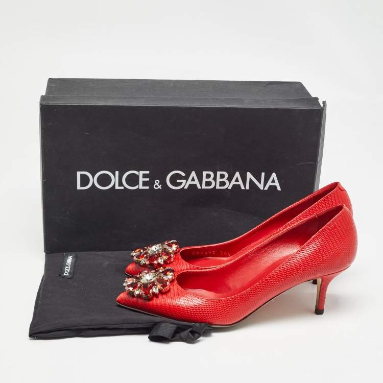 Pre Owned Dolce & Gabbana Red Lizard Embossed Leather Crystal Embellished Pumps Size 36.5