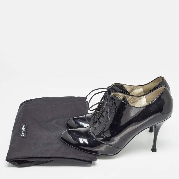 Pre Owned Dolce & Gabbana Black Patent Leather Lace Up Ankle Boots Size 38
