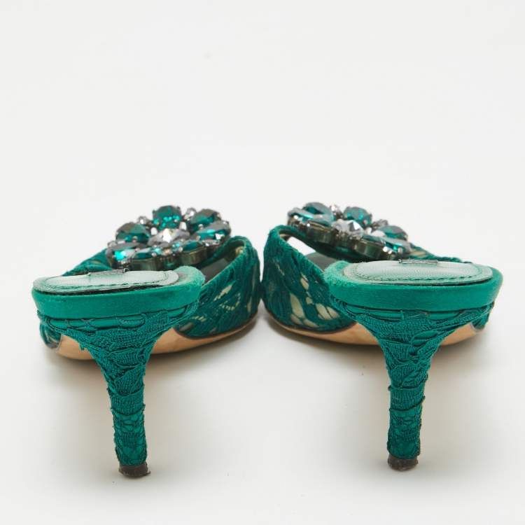 Pre Owned Dolce & Gabbana Green Lace Crystal Embellished Sandals Size 36