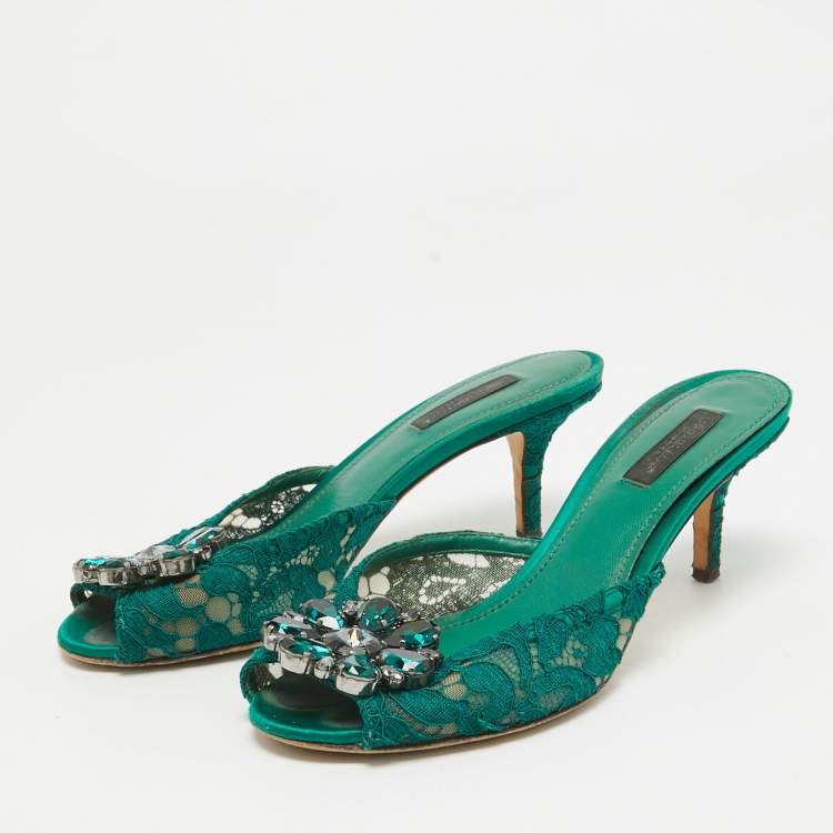 Pre Owned Dolce & Gabbana Green Lace Crystal Embellished Sandals Size 36