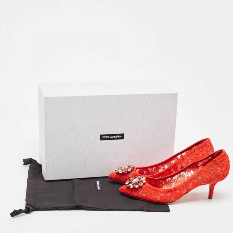 Pre Owned Dolce & Gabbana Red Lace Crystal Embellished Bellucci Pumps Size 38