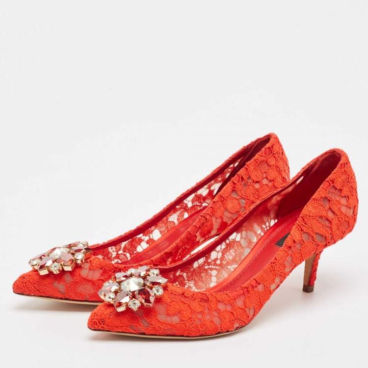 Pre Owned Dolce & Gabbana Red Lace Crystal Embellished Bellucci Pumps Size 38