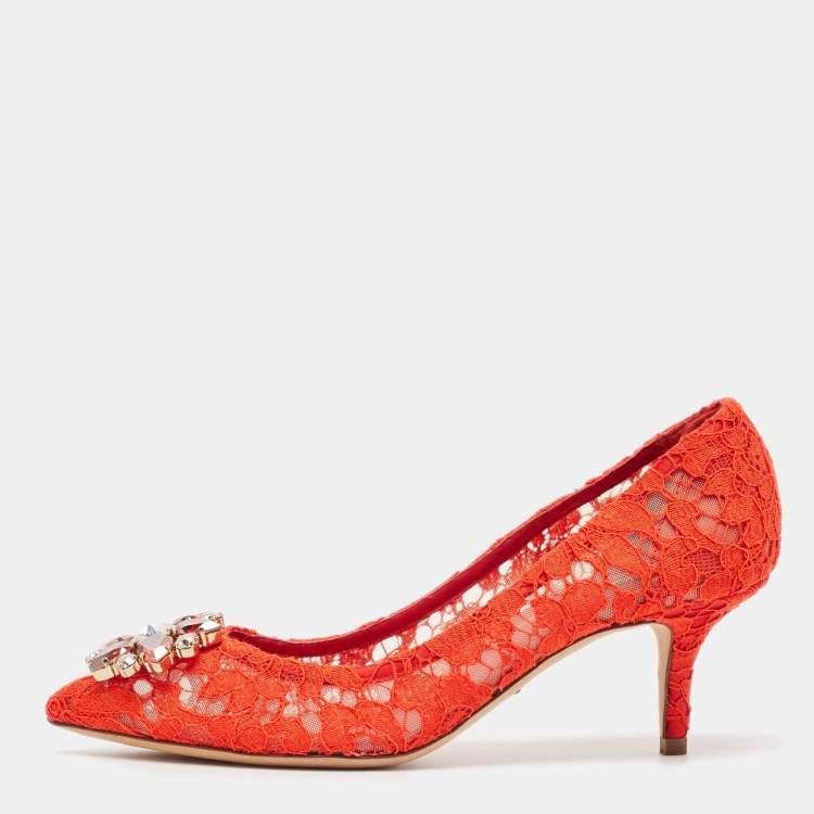 Pre Owned Dolce & Gabbana Red Lace Crystal Embellished Bellucci Pumps Size 38
