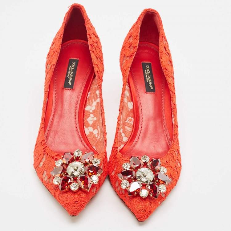 Pre Owned Dolce & Gabbana Red Lace Crystal Embellished Bellucci Pumps Size 38