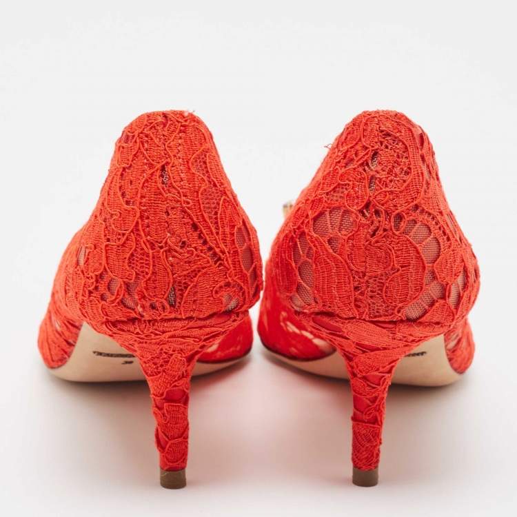 Pre Owned Dolce & Gabbana Red Lace Crystal Embellished Bellucci Pumps Size 38
