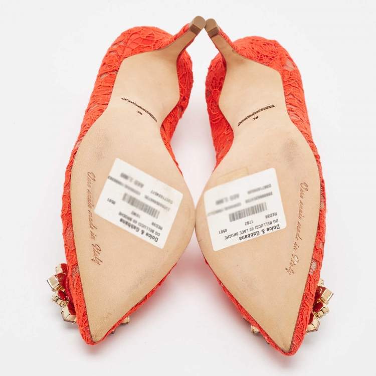 Pre Owned Dolce & Gabbana Red Lace Crystal Embellished Bellucci Pumps Size 38