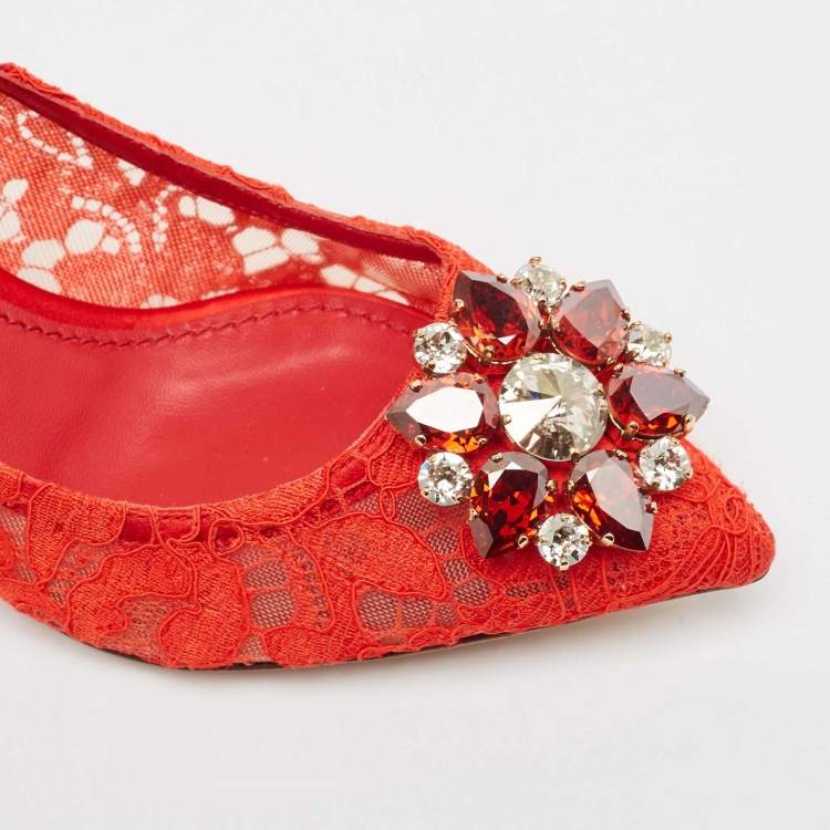 Pre Owned Dolce & Gabbana Red Lace Crystal Embellished Bellucci Pumps Size 38