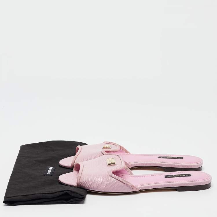 Pre Owned Dolce & Gabbana Pink Lizard Embossed Leather Flat Slides Size 37.5    