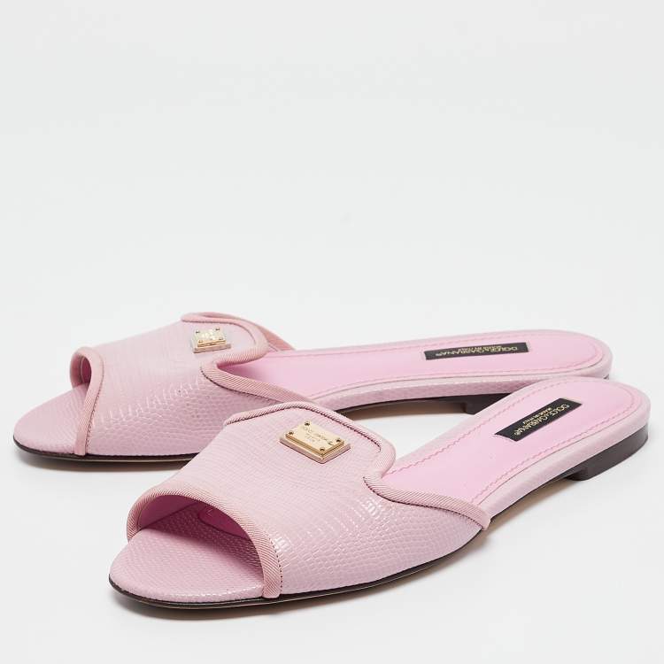 Pre Owned Dolce & Gabbana Pink Lizard Embossed Leather Flat Slides Size 37.5    