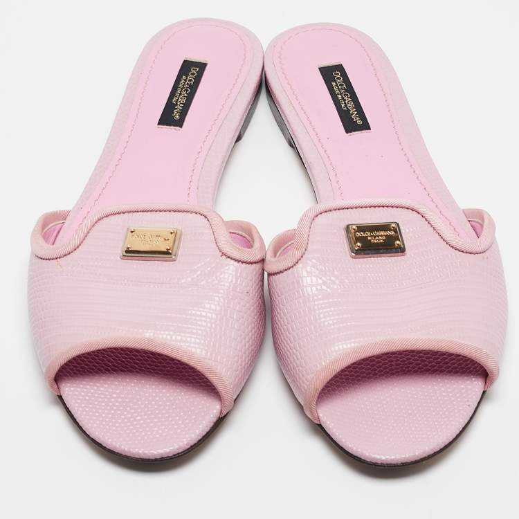 Pre Owned Dolce & Gabbana Pink Lizard Embossed Leather Flat Slides Size 37.5    