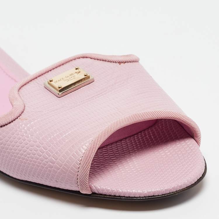 Pre Owned Dolce & Gabbana Pink Lizard Embossed Leather Flat Slides Size 37.5    