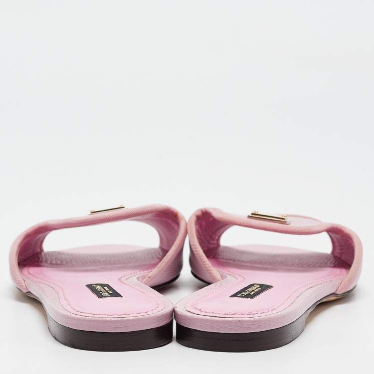 Pre Owned Dolce & Gabbana Pink Lizard Embossed Leather Flat Slides Size 37.5    
