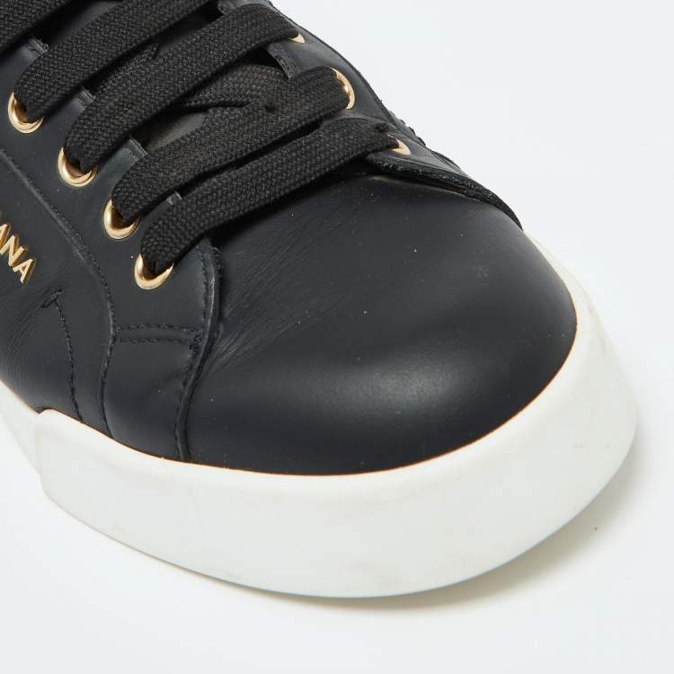 Pre Owned Dolce & Gabbana Black Leather Portofino Pearl Embellished Low Top Sneakers Size 39.5