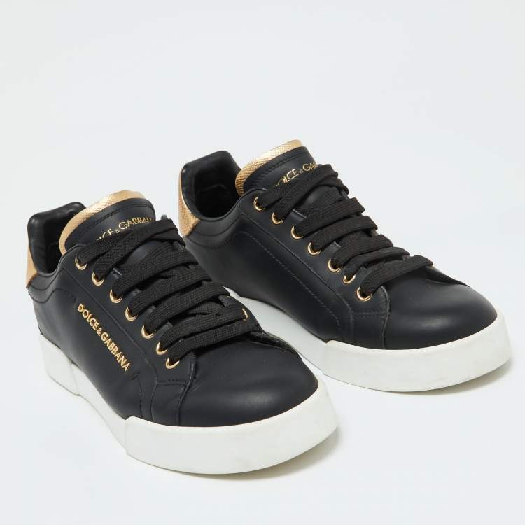 Pre Owned Dolce & Gabbana Black Leather Portofino Pearl Embellished Low Top Sneakers Size 39.5