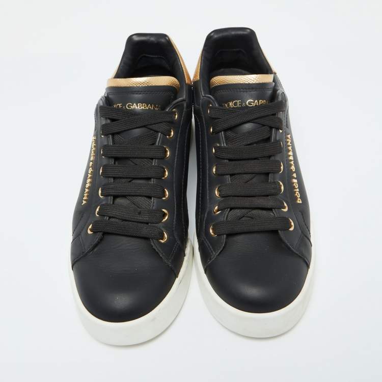 Pre Owned Dolce & Gabbana Black Leather Portofino Pearl Embellished Low Top Sneakers Size 39.5