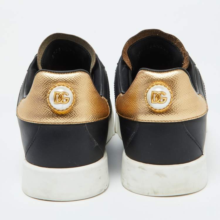 Pre Owned Dolce & Gabbana Black Leather Portofino Pearl Embellished Low Top Sneakers Size 39.5